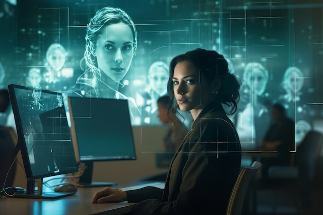 Persona de negocios trabajando en una oficina futurista