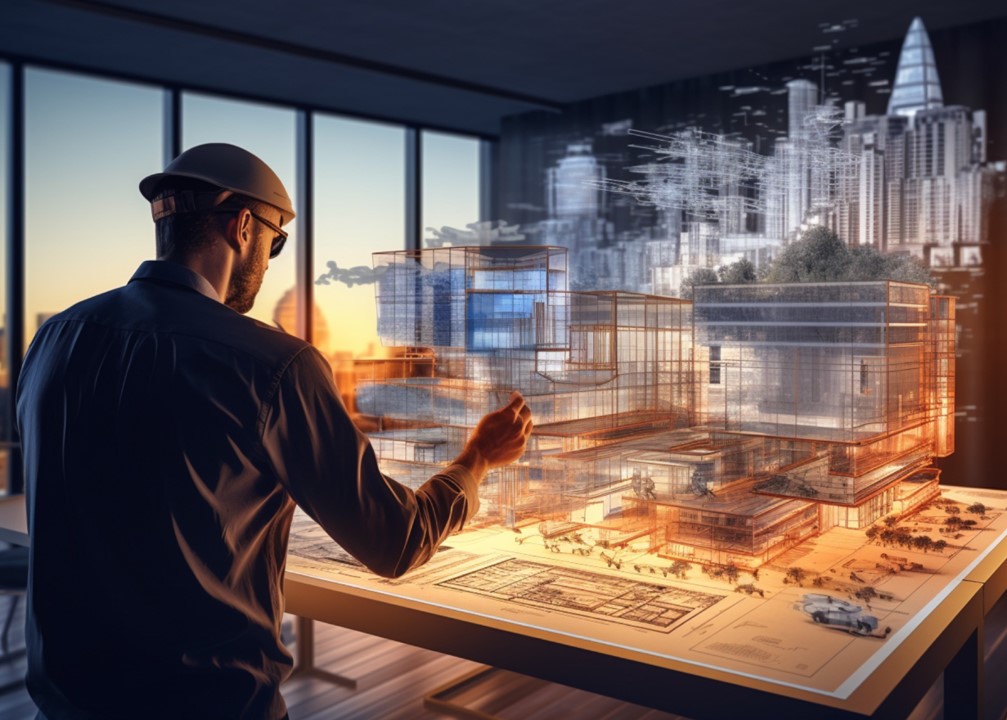 Man architect working on a project with VR glasses and new technologies 3d